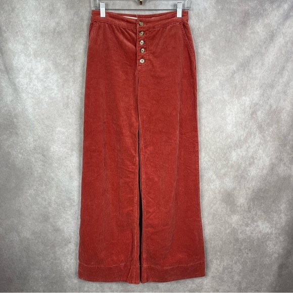 Pilcro x Anthropologie High-Rise Button-Fly Corduroy Wide-Leg Pants In Salmon 26 - Picture 2 of 8